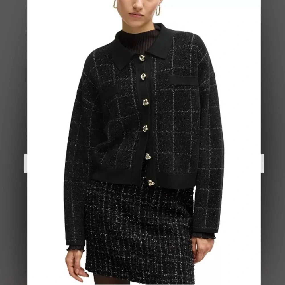 BOSS by Hugo Boss Women’s Sparkle Tweed Cropped Jacket in Black Lurex Plaid Sz L